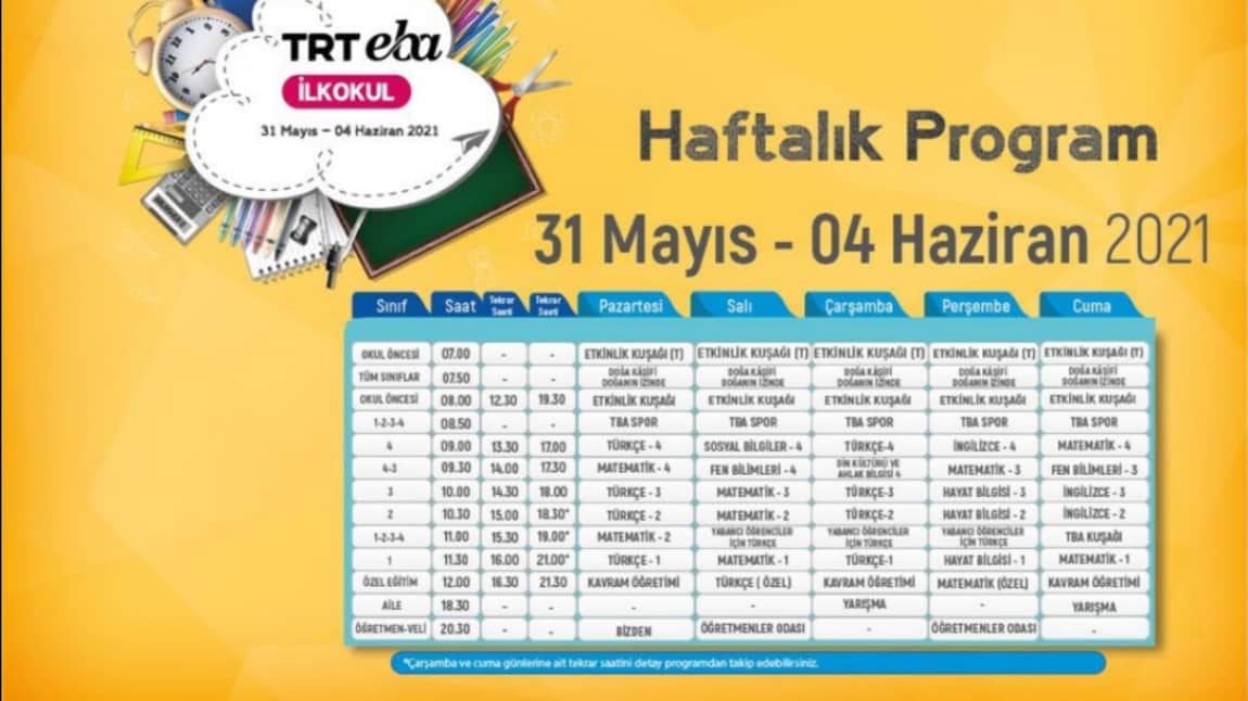 31 MAYIS - 04 HAZİRAN EBA TV DERS PROGRAMI 